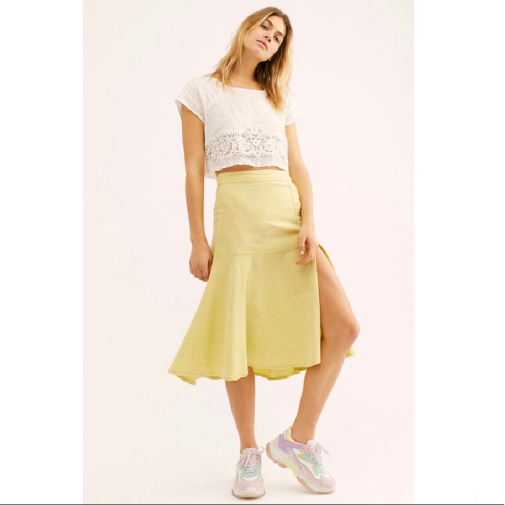 FREE PEOPLE POPPY FLOUNCED LINEN LIME SKIRT NWT